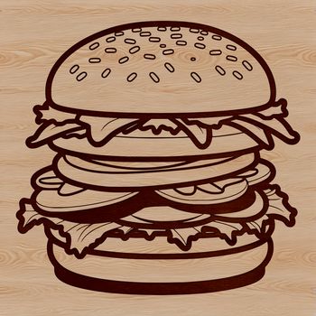 A digital vector illustration of a hamburger sandwich with various toppings.