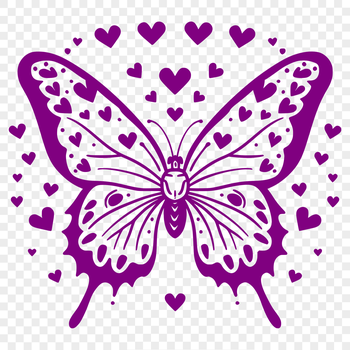 A colorful butterfly with full body, featuring hearts on its wings.