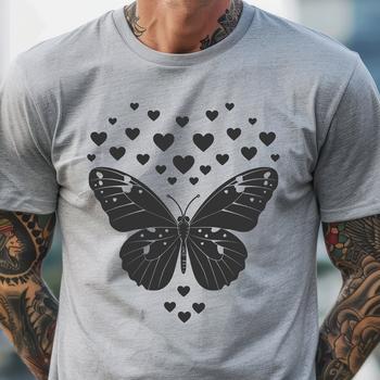 A detailed illustration of a butterfly in full body view, featuring love hearts on its wings.