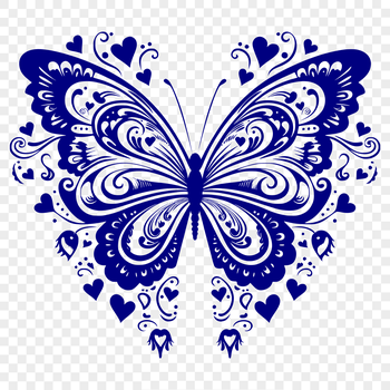 An ornate illustration of a full-body butterfly insect with love hearts, suitable for gardening and craft projects.