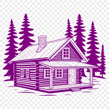 A simple illustration of a traditional wooden cabin with a sloping roof and chimney.