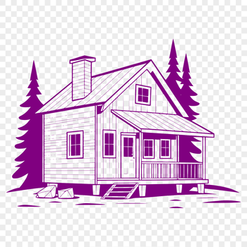A stylized illustration of a rustic wooden cabin with a sloping roof and a cozy chimney.
