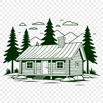 A simple illustration of a rustic wooden cabin with a sloping roof.