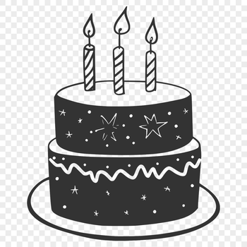 A colorful illustration of a birthday cake with candles and decorations, suitable for digital designs.