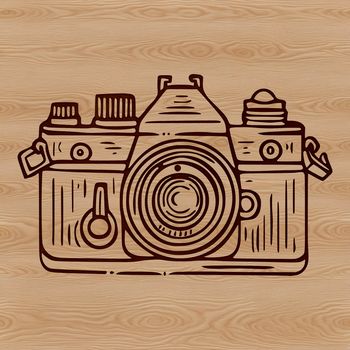 A digital camera illustration with details of lenses and buttons.
