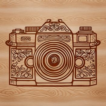 Close-up illustration of an ornate camera lens with photography equipment in the background.