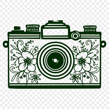 A simple illustration of a camera with ornate details.