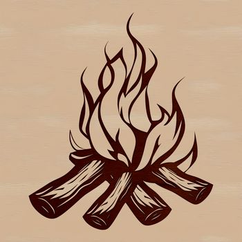 A stylized illustration of flames rising from a campfire in an outdoor setting.