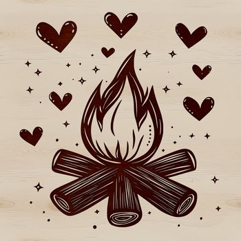 A camp fire with stylized love hearts around the flames, suitable for outdoor-themed designs.