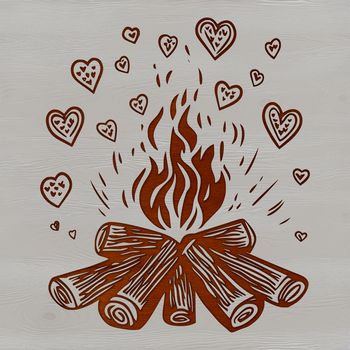 A stylized illustration of a camp fire with love hearts surrounding the flames.