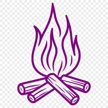 A stylized illustration of a camp fire with flames and sparks in the outdoors.