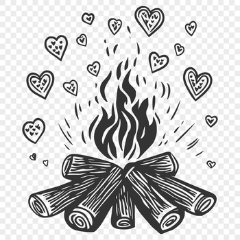 A digital illustration of a campfire with love hearts surrounding the flames, perfect for outdoor-themed designs.