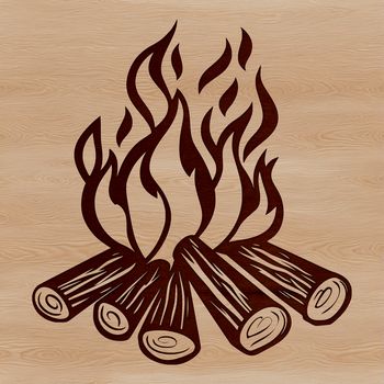 A realistic illustration of a camp fire in the outdoors, flames burning brightly surrounded by nature.