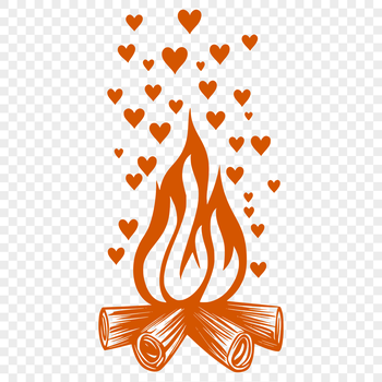 A camp fire illustration featuring flames and love hearts in the outdoors.