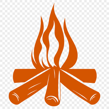 A flame-filled outdoor camp fire with burning logs and sparks in the air.