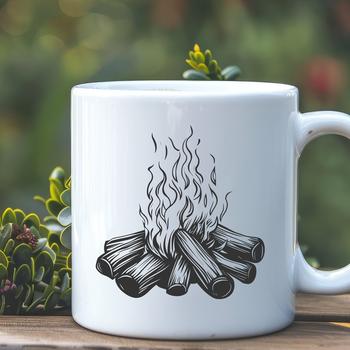 A campfire illustration featuring flames and a burning fire pit in an outdoor setting.