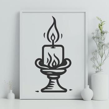 A simple illustration of a witch's cauldron with a candle lit on the side, surrounded by autumnal foliage.