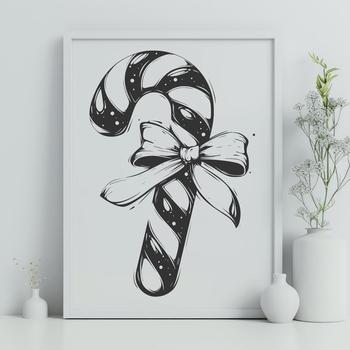 A vector illustration of a red and white striped candy cane with a festive holiday theme.