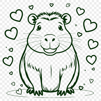 A digital illustration of a capybara rodent with heart symbols surrounding its body.