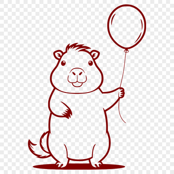 A close-up illustration of a capybara's face with a colorful balloon floating above its head.