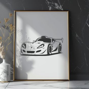 A sleek racing car illustration with bold lines and dynamic design elements.