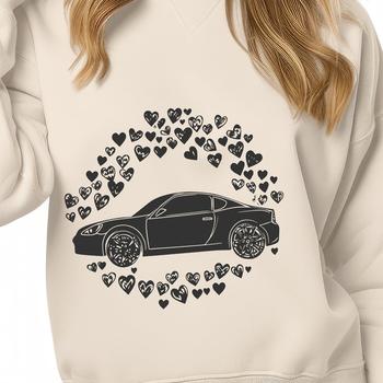 Car design with heart-shaped accents and intricate details, vector graphic.
