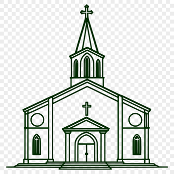 A detailed architectural illustration of a traditional Catholic church with multiple spires and stained glass windows.