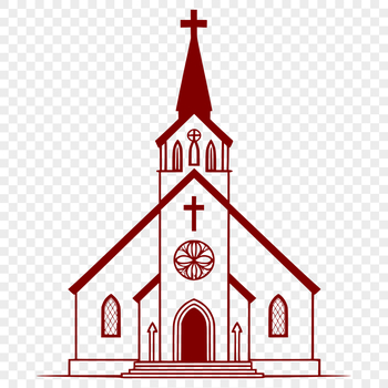 A simple illustration of a Catholic church building with a distinctive architectural style.
