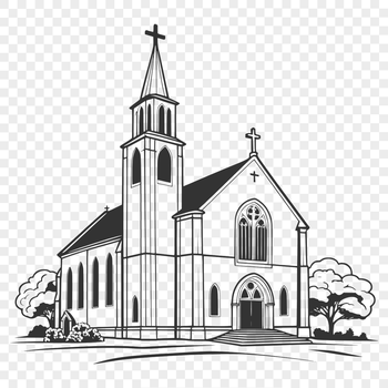 A stylized illustration of a traditional Catholic church building with arches and stained glass windows.