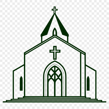 A stylized illustration of a Catholic church exterior with a steepled roof.