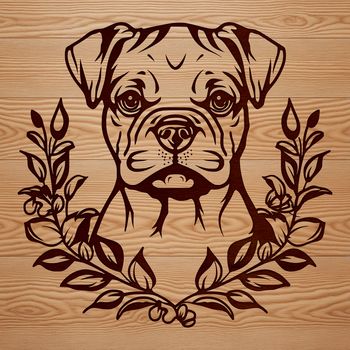 A cartoon-style illustration of a boxer dog's head with floral patterns.