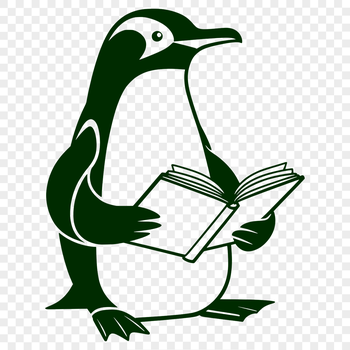 A cartoon penguin character sitting on the ground holding an open book in its flippers.