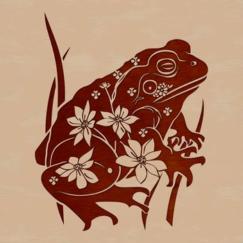 A colorful digital illustration of a toad sitting on a bed of flowers in a natural setting.