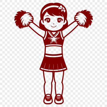A young girl wearing a cheerleader uniform and pom-poms, perfect for use in sports-themed designs or crafts.