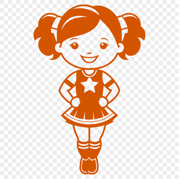 A young girl in a cheerleading uniform posing with her pom-poms.