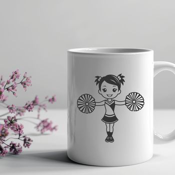 A stylized illustration of a young girl wearing a cheerleading uniform, ready to lead her team in a competition.