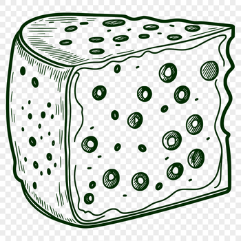 A simple illustration of a wedge-shaped piece of cheese with smooth edges.