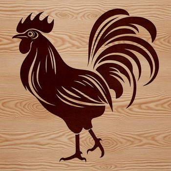 A colorful illustration of a rooster standing in a farm yard surrounded by grass.