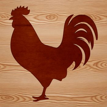 A simple silhouette illustration of a rooster standing on a farm yard.