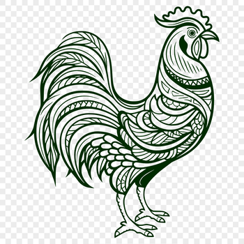 An ornate illustration of a farm animal, a full-body chicken design suitable for various applications.