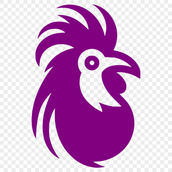 A detailed illustration of a chicken's head with feathers and beak.