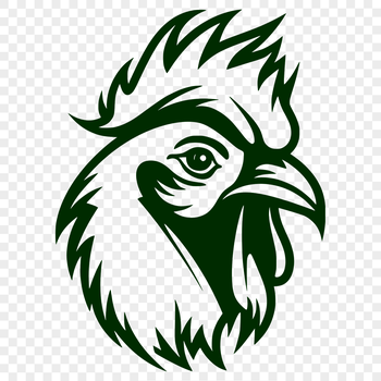 Illustrated cartoon style chicken with detailed feathers on its head.