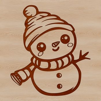 A winter snowman standing in the middle of a snowy landscape, made from vector shapes for easy editing and customization.