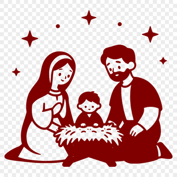 A traditional Christmas scene featuring the Holy Family and angels in a simplified vector design.
