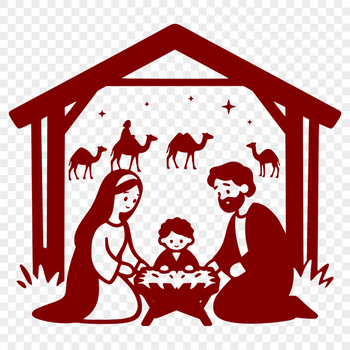 A traditional Nativity scene featuring Mary, Joseph, and baby Jesus surrounded by stars and a crescent moon.