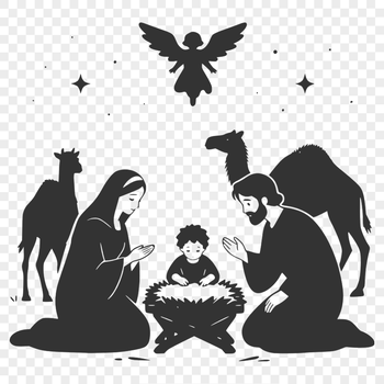 Illustrative representation of the traditional Christmas nativity scene, featuring Mary, Joseph, and the baby Jesus.