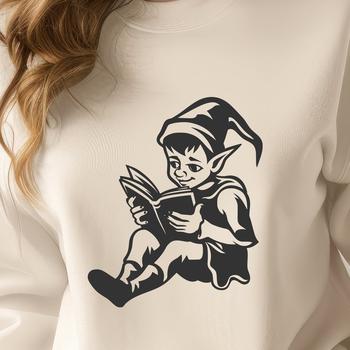 A full-bodied Christmas elf sitting with a book, ready to get into the holiday spirit.