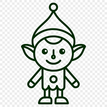 A simple line drawing of a standing Christmas elf in a festive holiday setting.