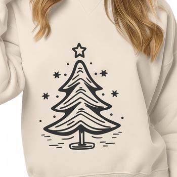 A stylized, digital illustration of a traditional Christmas tree with ornaments and lights.
