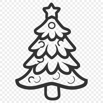 A stylized illustration of a traditional Christmas tree with ornaments and lights.